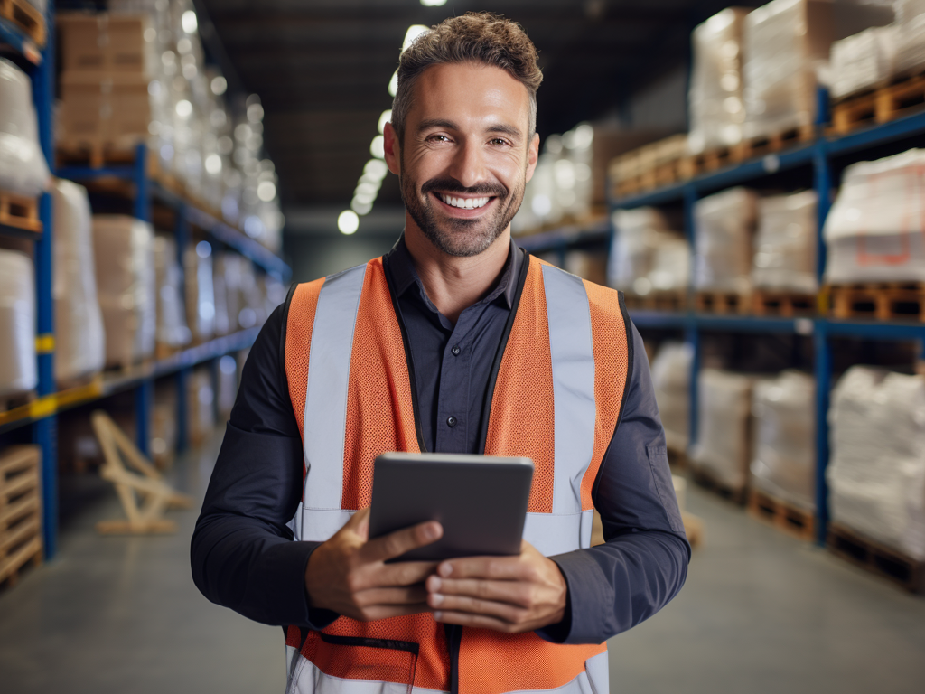 Mężczyzna z przyjaznym uśmiechem, ubrany w pomarańczową kamizelkę odblaskową na ciemnej koszuli, trzyma tablet, stojąc w magazynie z półkami z towarami w tle.