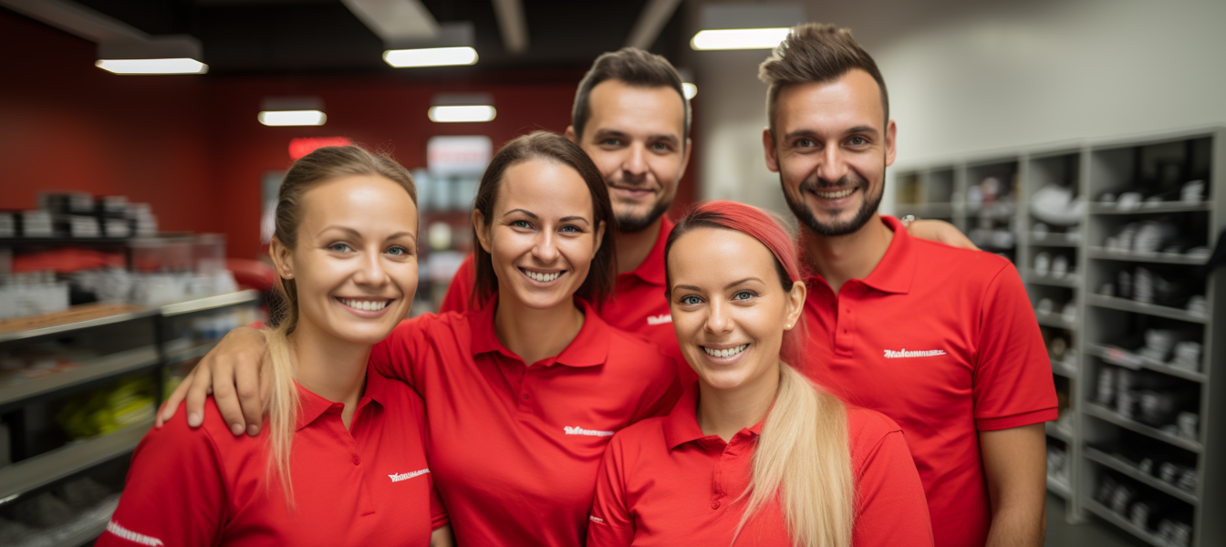 Pięciu wesołych pracowników w czerwonych koszulkach z logo stoi razem w sklepie, a półki z produktami delikatnie rozmywają się za nimi.